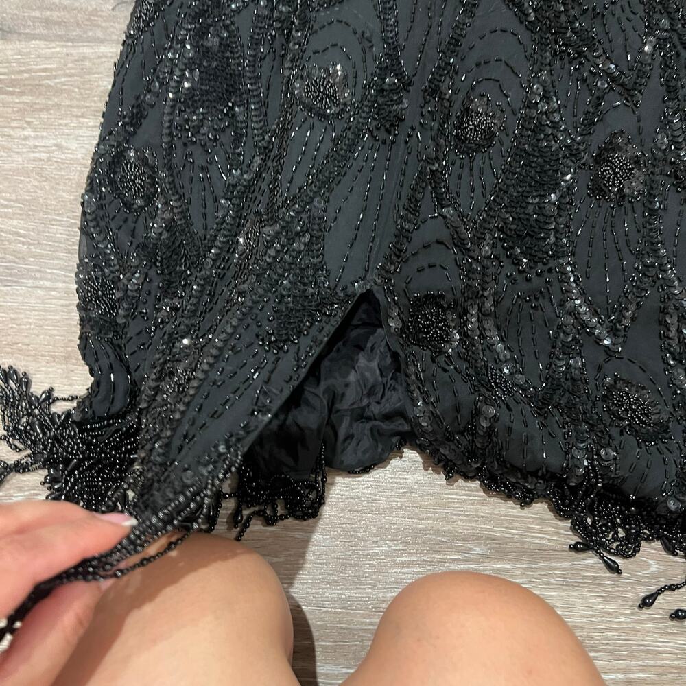 A.J. Bari 90's Black Beaded Vintage Open Back Flapper Dress size 14 - Picture 9 of 16